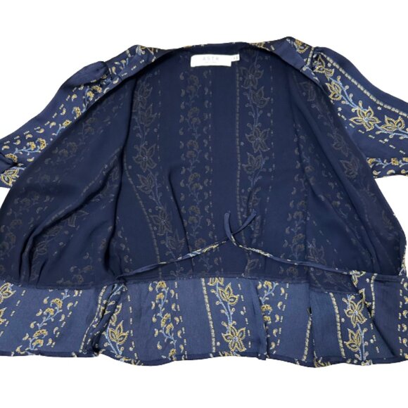 NWT ASTR the Label Kimi Navy Blue Print Long Sleeve Satin Wrap Top Blouse M - Picture 9 of 14